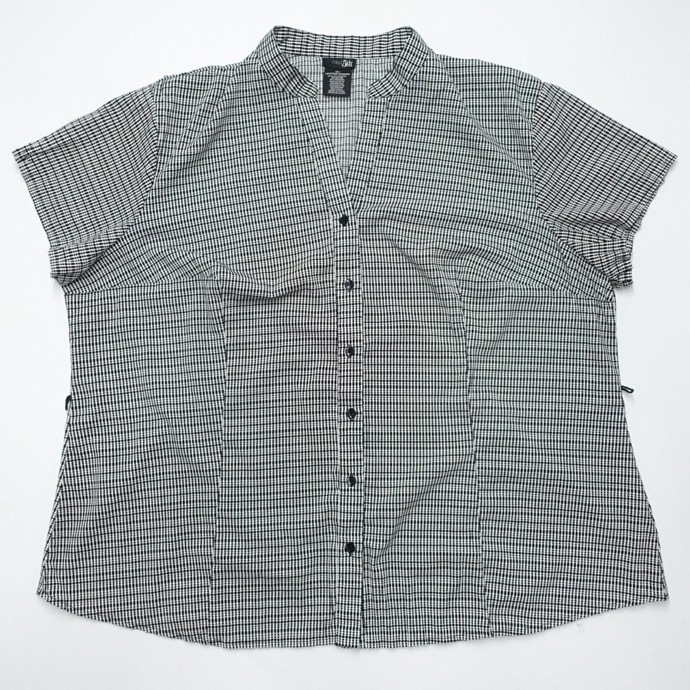 East5th Button-Up Blouse Women's Size 1X Gray Short Sleeve Checkered Polyester